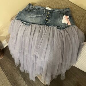 Vici Denim and Gray Tulle Midi Skirt